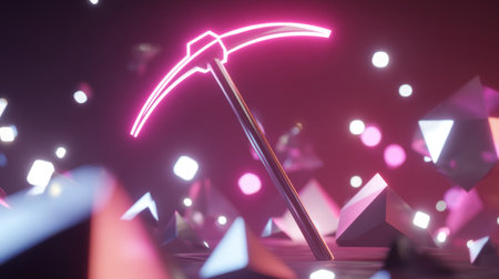 A striking image showcasing a futuristic pickaxe amid vibrant neon colors and geometric shapes, enhanced by soft bokeh lighting for a modern aesthetic.の素材