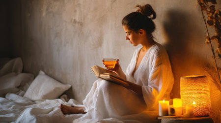 A serene indoor setting featuring a young woman immersed in a book while sipping herbal tea. Soft candlelight creates a cozy atmosphere for relaxation.の素材