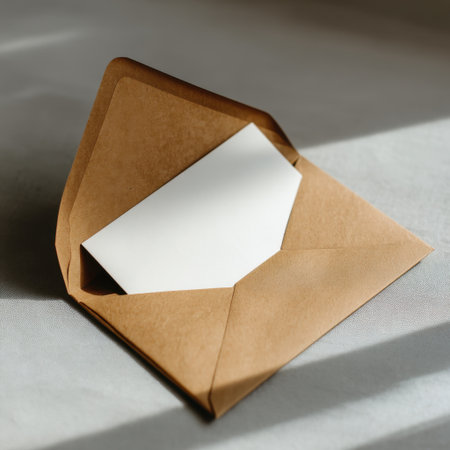 A rustic brown envelope holds a blank white card, ideal for creative projects. The soft lighting enhances its charm and simplicity. Perfect for invitations or personal messages.の素材
