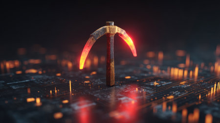 This image showcases a unique mining tool set against a digital background, illuminated with glowing accents and intricate circuit designs.の素材