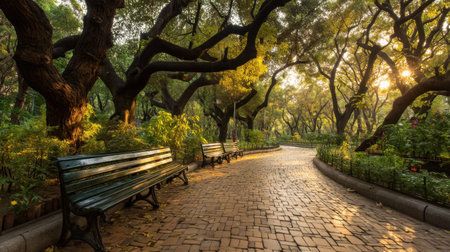A picturesque pathway winds through a tranquil urban park, surrounded by lush trees and inviting benches bathed in warm sunlight.の素材
