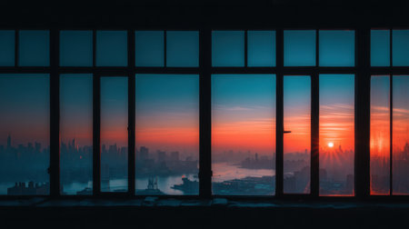 Experience a stunning sunset view framed by large windows, showcasing a vibrant city skyline and river reflections in twilight.の素材