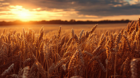 A breathtaking view of golden wheat fields illuminated by a vibrant sunset, showcasing the beauty of nature in a tranquil rural setting.の素材