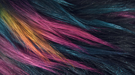 This close-up image captures a stunning array of vibrant colors in hair, featuring shades of pink, blue, and orange against a dark backdrop.の素材