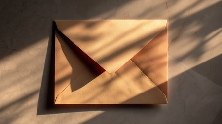 A beautifully arranged brown envelope casts delicate shadows on a smooth marble surface, highlighting minimalist aesthetics and inviting creativity.の素材
