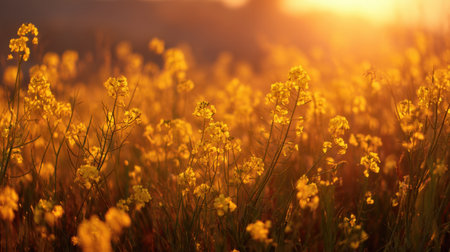 A stunning field filled with vibrant yellow wildflowers bathed in the warm glow of a sunset. The soft focus captures natureの素材