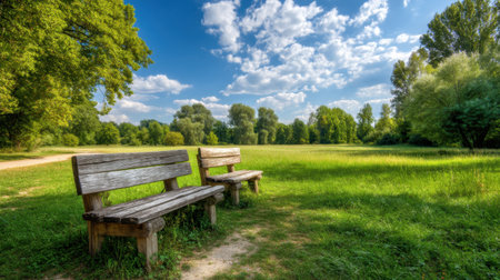 Enjoy a serene park setting featuring empty wooden benches surrounded by vibrant green grass and tall trees under a bright blue sky.の素材