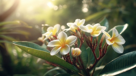 A stunning close-up of tropical flowers showcases their bright white and yellow petals. The soft sunlight filters through leaves, creating a tranquil atmosphere perfect for nature lovers.の素材