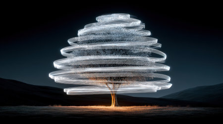 This artistic photograph features a tree surrounded by spiraling light against a dark landscape, creating a serene and mystical ambiance filled with creativity.の素材