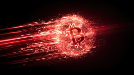This captivating image showcases the Bitcoin symbol, illuminated in vibrant red tones, creating a dynamic sense of speed and innovation in the realm of digital finance.の素材