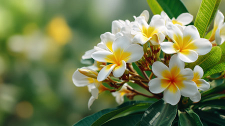 Explore the stunning beauty of plumeria flowers in white and yellow hues, showcasing natureの素材