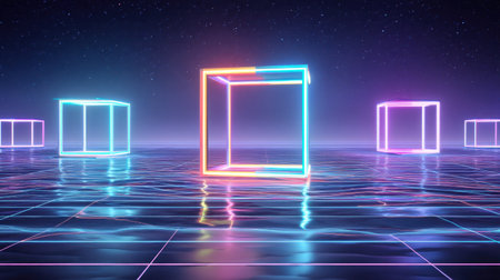 A mesmerizing scene of glowing neon cubes floating gracefully above a shimmering surface under a starry night sky, creating a unique and captivating atmosphere.の素材