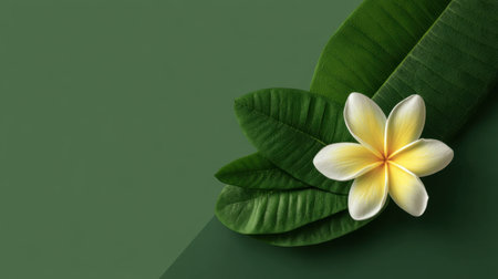A stunning plumeria flower rests gracefully on lush green leaves against a soft green background, embodying natural beauty and tranquility.の素材