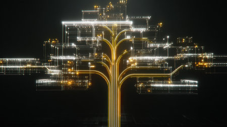 This captivating digital artwork depicts a tree structure formed by bright lines and geometric patterns, symbolizing connectivity and technology.の素材