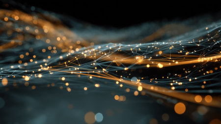 This captivating abstract image features a mesmerizing interplay of orange and blue lights on a dark surface, symbolizing connectivity and technology.の素材