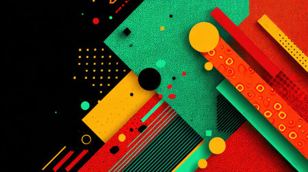 This striking abstract composition features vivid geometric shapes, patterns, and colors set against a dark backdrop, perfect for design inspiration.の素材