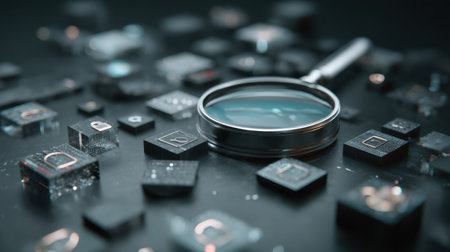 A close-up view of a magnifying glass resting on a glossy black surface surrounded by various abstract symbols and icons, perfect for technology and analysis themes.の素材