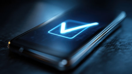 A modern smartphone displaying a glowing check mark symbol against a dark background, representing completion and approval. Ideal for tech-related projects.の素材