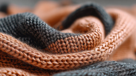 A captivating close-up of soft knitted fabric in warm copper and dark gray tones, perfect for adding texture to home decor or fashion items.の素材