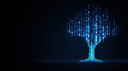 A stunning digital tree design featuring glowing blue lights against a dark background, symbolizing growth and connection in a modern aesthetic.の素材