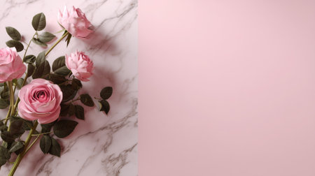 Delicate pink roses resting gracefully on a marble surface, complemented by a soft pink background, perfect for romantic themes and floral designs.の素材