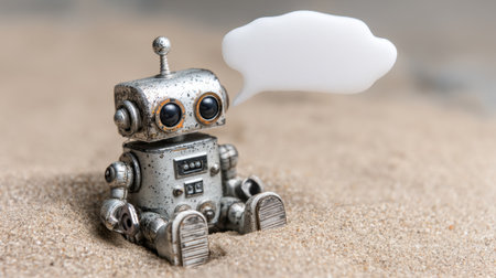 A charming vintage robot toy sits on sandy terrain, featuring a speech bubble that sparks thoughts of nostalgia and imagination. Perfect for playful concepts.の素材