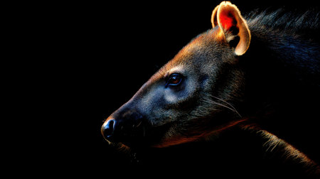 This stunning close-up portrait captures the profile of a tamandua, showcasing its distinct features and captivating gaze against a dark background.の素材