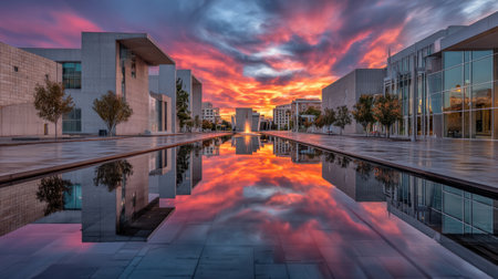 A breathtaking view of a sunset reflecting over a tranquil water body surrounded by modern architecture, showcasing vibrant colors and serene beauty.の素材