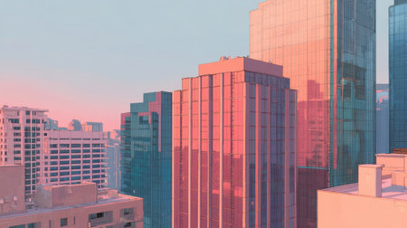 Captivating view of modern skyscrapers reflecting vibrant sunset colors of pink and blue, creating a stunning urban landscape that inspires tranquility.の素材