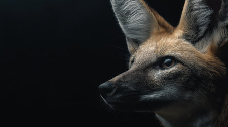 This striking image features a close-up portrait of a fox against a dark backdrop, capturing its beautiful fur, ears, and captivating gaze, perfect for wildlife enthusiasts.の素材