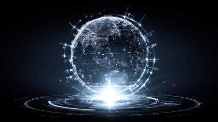This striking image showcases a futuristic globe with digital elements and radiant light effects, symbolizing global connectivity and technology advancements.の素材