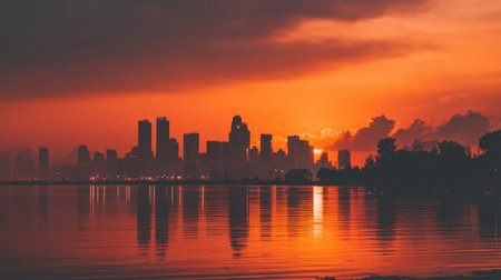 A breathtaking view of a city skyline at sunset, framed by vibrant colors and reflective water, creating a tranquil and serene atmosphere perfect for visual storytelling.の素材