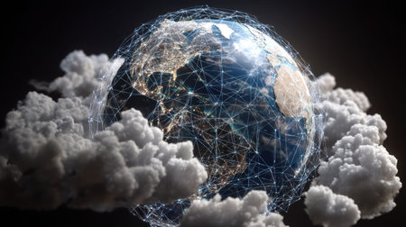 This stunning illustration depicts Earth in a network of digital lines, symbolizing global connectivity. Clouds add depth and atmosphere to the scene.の素材
