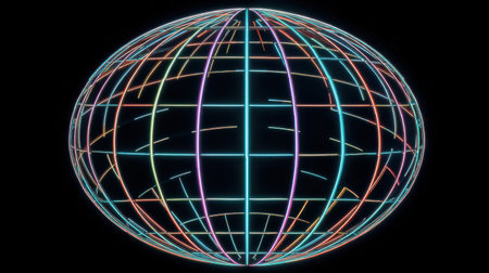 This captivating 3D sphere showcases vibrant neon lines set against a dark background, symbolizing global connections in a modern and dynamic design.の素材