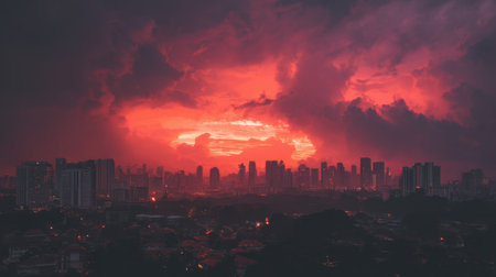 A breathtaking view of a dramatic sunset illuminating an urban skyline, showcasing vibrant shades of red and orange amidst dark clouds.の素材