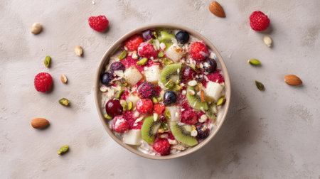 A vibrant bowl featuring an assortment of fruits, nuts, and yogurt, perfect for a healthy breakfast or snack. This colorful arrangement invites enjoyment and conveys nutritious culinary delight.の素材