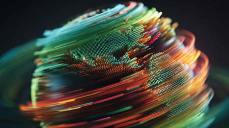Vibrant digital globe artwork featuring colorful light trails symbolizing global connectivity and information flow in modern technology.の素材