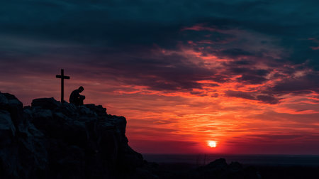 A person kneels in reflection by a wooden cross, framed against a vibrant sunset sky, symbolizing faith and tranquility in nature.の素材