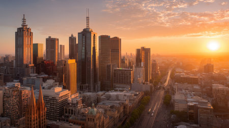 A breathtaking view of Melbourne's skyline during sunset, showcasing stunning architectural designs bathed in warm golden light.の素材