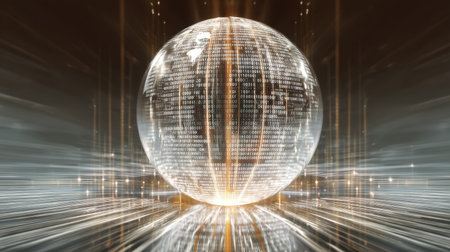 A stunning futuristic globe composed of binary code with light and motion effects creates a dynamic and captivating visual experience.の素材