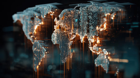 This striking 3D digital visualization of a world map showcases vibrant lights and data streams, highlighting global connectivity and information flow.の素材