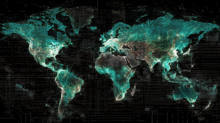This abstract representation of a world map showcases digital connections and network nodes against a dark background, ideal for technology and data visualization themes.の素材