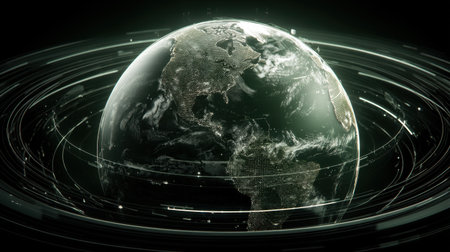 This image portrays a futuristic view of Earth surrounded by technology-inspired circuits and orbits, highlighting themes of global connectivity and exploration.の素材