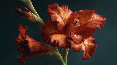 A breathtaking close-up of vibrant orange gladiolus flowers showcases their intricate texture and natural beauty against a dark backdrop, perfect for art.の素材