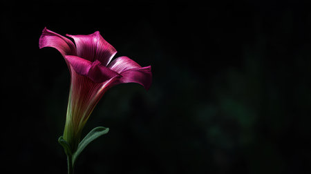 An elegant calla lily displays captivating rich purple petals against a dark background, showcasing its delicate beauty and artistic flair.の素材