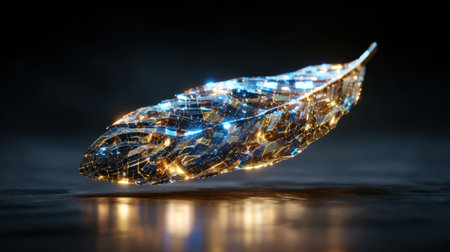 A stunning illuminated feather floats gracefully against a dark background, adorned with colorful, sparkling lights and intricate cosmic patterns. Perfect for artistic projects.の素材