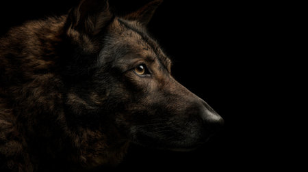 This captivating image features a detailed profile of a wolf, accentuating its striking features and intense gaze. The dark fur contrasts beautifully with the black background, highlighting the majestic and fierce nature of this wild animal.の素材