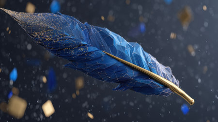 This stunning digital artwork features an abstract blue feather with intricate details, surrounded by sparkling elements and geometric shapes, creating a magical atmosphere.の素材