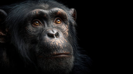 A striking portrait of a chimpanzee with a pensive expression, showcasing its deep eyes and textured fur against a soft dark backdrop.の素材