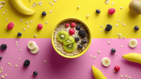 A vibrant bowl of oatmeal topped with fresh fruits, including kiwi, bananas, and assorted berries, set against a bold yellow and pink background.の素材